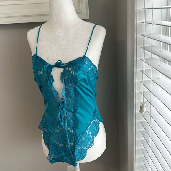 Vintage Alana Gale Intimates Teddy Romper Lace High Cut Nylon Bodysuit Turquoise - Picture 4 of 10